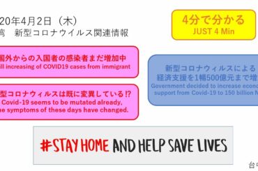 4/2(木) 台湾 新型コロナウィルス感染者状況及び関連ニュース