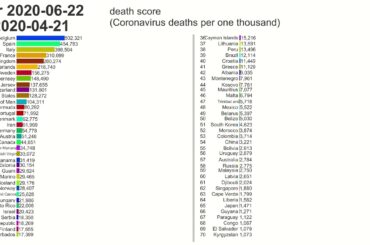 【最新2020/06/22】新型コロナウイルス 国別の「死亡スコア(千人あたりの数)」の推移 ランキング