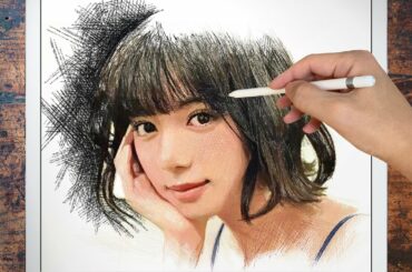 Drawing Elaiza Ikeda : 池田エライザ | Using Procreate of iPad Pro | Only with lines | イラストデッサン | ArtyCoaty