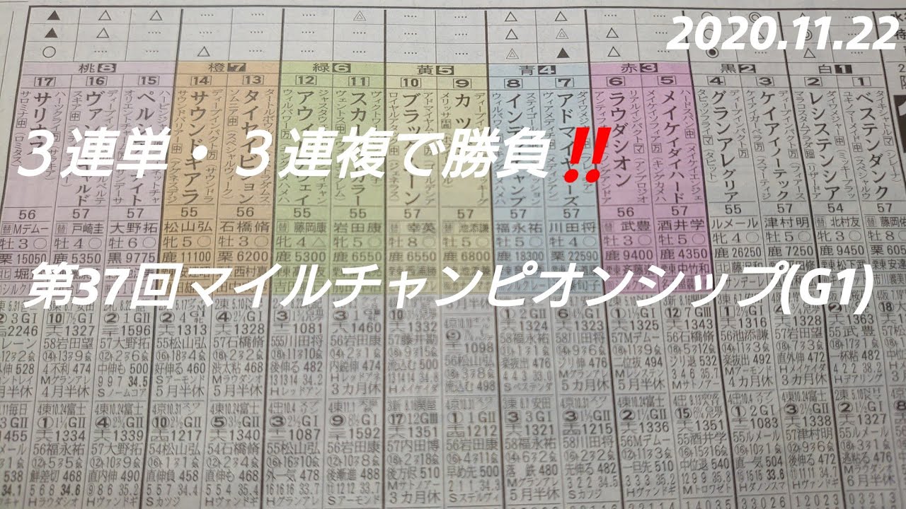 第37回マイルチャンピオンシップ(G1)11R芝1600右 阪神 2020.11.22 予想 第37回マイルチャンピオンシップ(G1)11R芝1600右 阪神 2020.11.22 予想