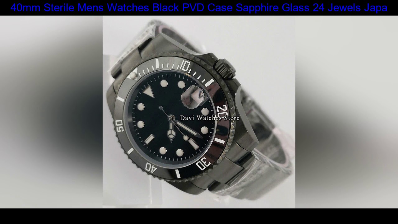 40mm Sterile Mens Watches Black PVD Case Sapphire Glass 24 Jewels Japan NH35 Automatic Movement Mal
