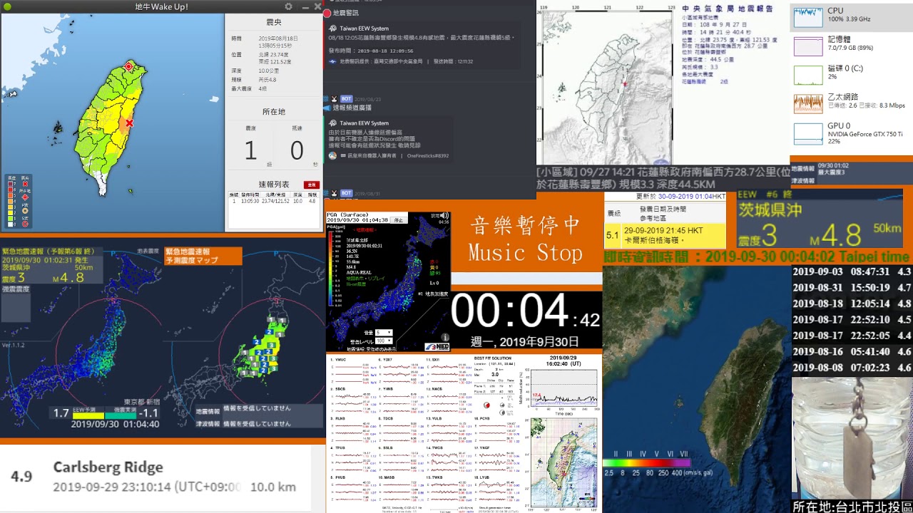[日本地震速報]2019/09/30茨城縣北部 M4.4 震度3