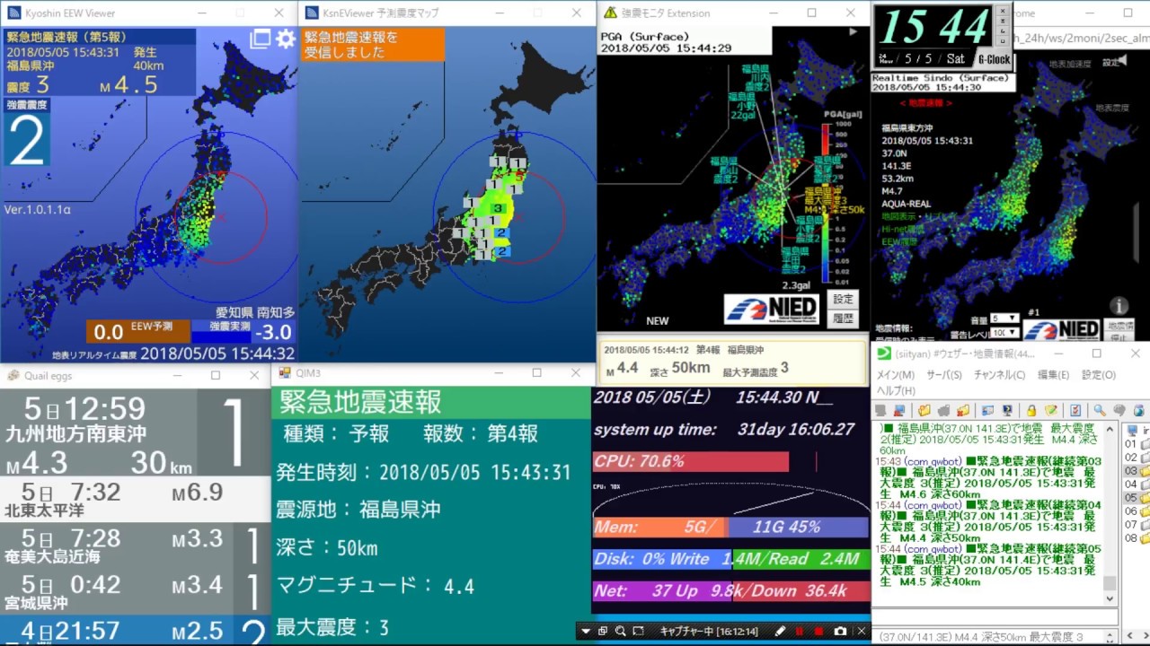 [緊急地震速報]2018/5/5 福島県沖 最大震度3