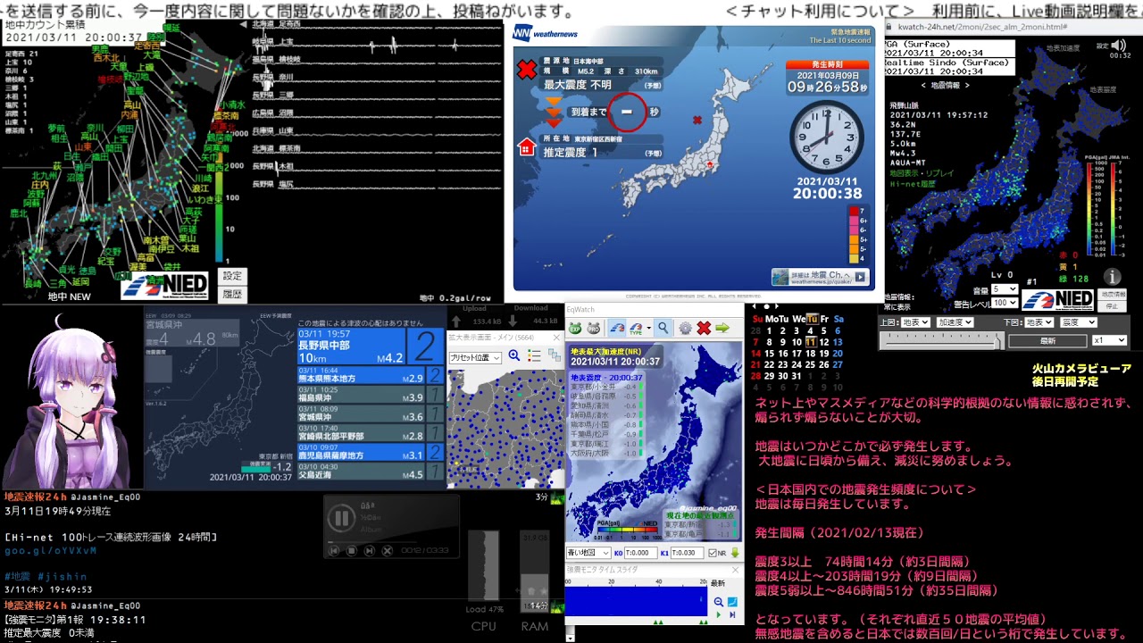 【緊急地震速報】2021/03/11 19:57発生 長野県中部 M4.2 最大震度2