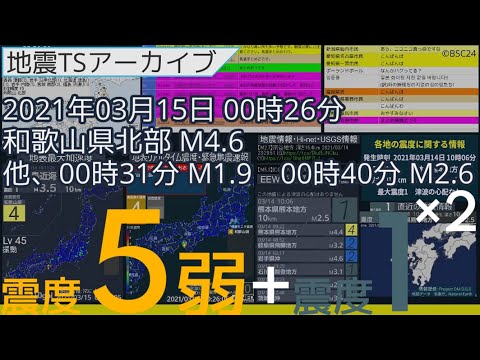 緊急地震速報 強い地震 2021年03月15日00時26分 和歌山県北部 M4.6 深さ10km 最大震度5弱 他、00時31分 M1.9 最大震度1,00時40分 M2.6 最大震度1 緊急地震速報 強い地震 2021年03月15日00時26分 和歌山県北部 M4.6 深さ10km 最大震度5弱 他、00時31分 M1.9 最大震度1,00時40分 M2.6 最大震度1