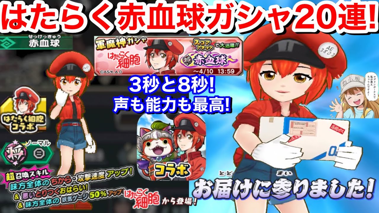 3秒と8秒！声も能力も最高！赤血球 ガシャ20連回してみた！はたらく細胞 コラボイベント 花澤香菜さん スコアタ【妖怪三国志国盗りウォーズ】ランクアップコイン(Y) 56連！マゼラタイタン 超10凸！