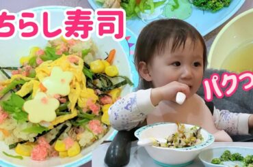 ちらし寿司を食べる1歳4ヶ月児　～ひな祭りの様子～