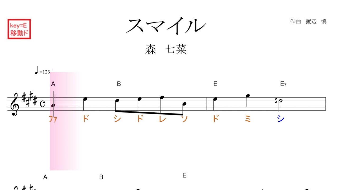 スマイル(森七菜)オロナミンC CMソング 原曲key=E移動ド読み/ドレミで歌う楽譜【コード付き】