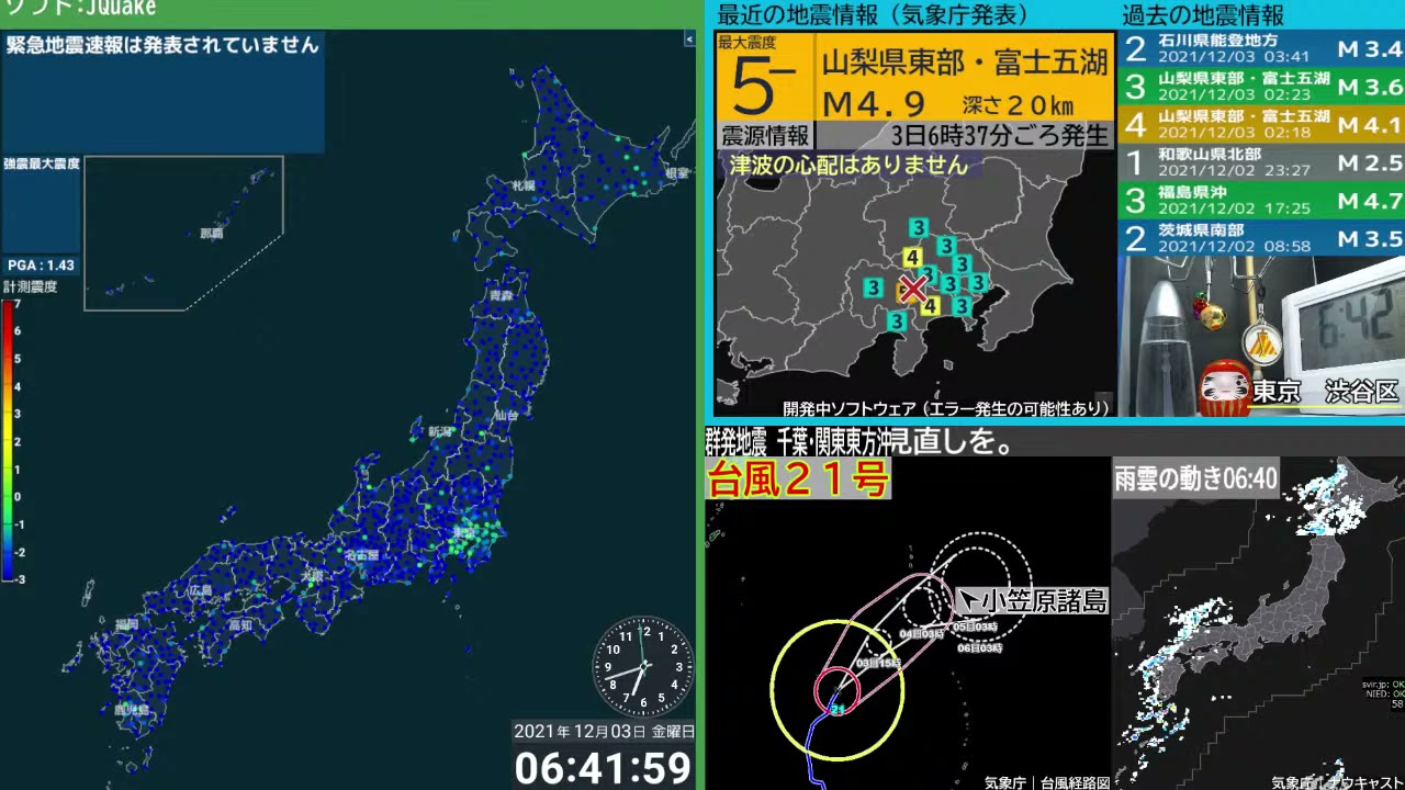 【強い地震】山梨県東部・富士五湖 震度5弱 M4.9 (2021/12/3 6:37ごろ 切り抜きアーカイブ)