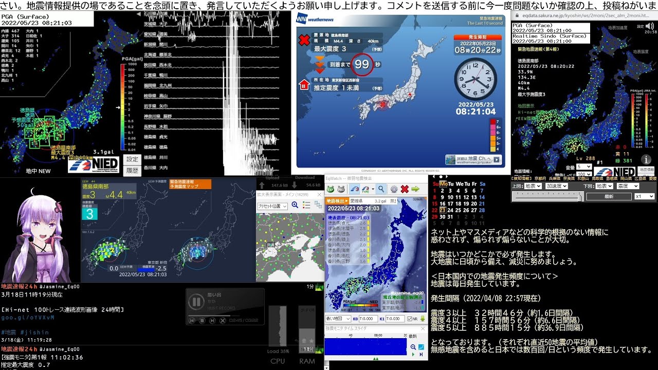 【緊急地震速報】2022/05/23 08:20発生 徳島県北部 M4.3 最大震度3