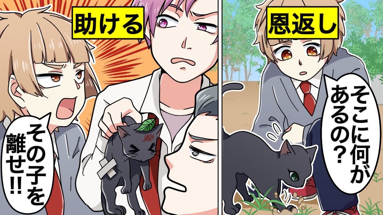 【アニメ】幸運の招き猫!?悪ガキたちにイジメられていた黒ネコを助けた結果…【漫画動画】