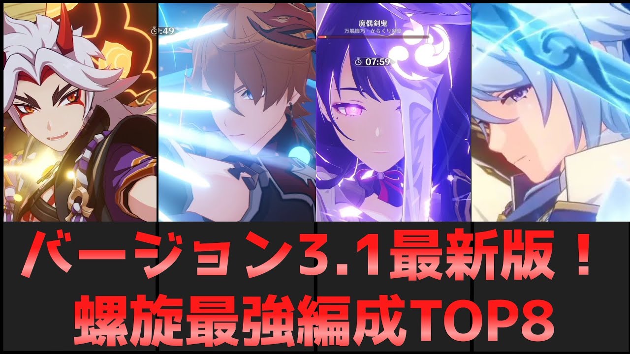 最新版!V3.1螺旋最強編成TOP8を紹介!【原神】【攻略解説】草神実装前.リセマラ,夜蘭,雷電将軍,タルタリヤ,万葉,ウェンティ,ベネット一斗凍結綾華最強キャラ,リセマラ