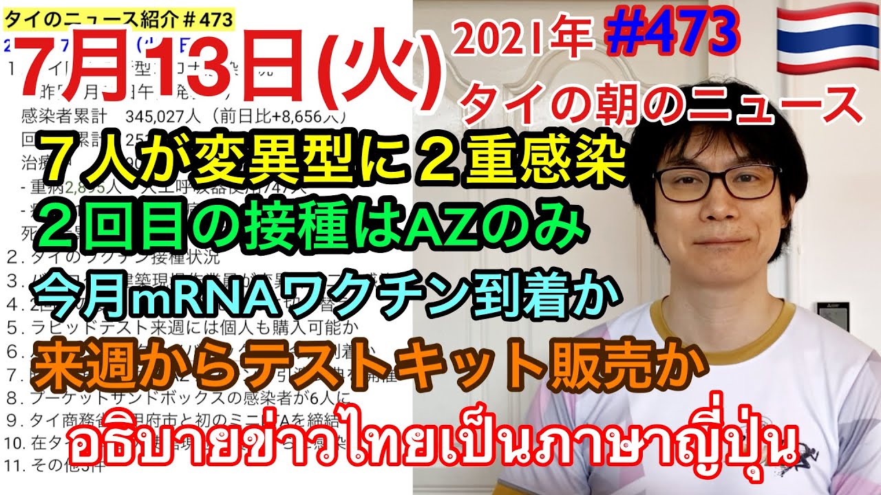 2021年7月13日タイの朝のニュース紹介、7人が変異株に2重感染、2回目の接種はAZのみ、今月mRNAワクチン到着か、来週からテストキット販売か、など