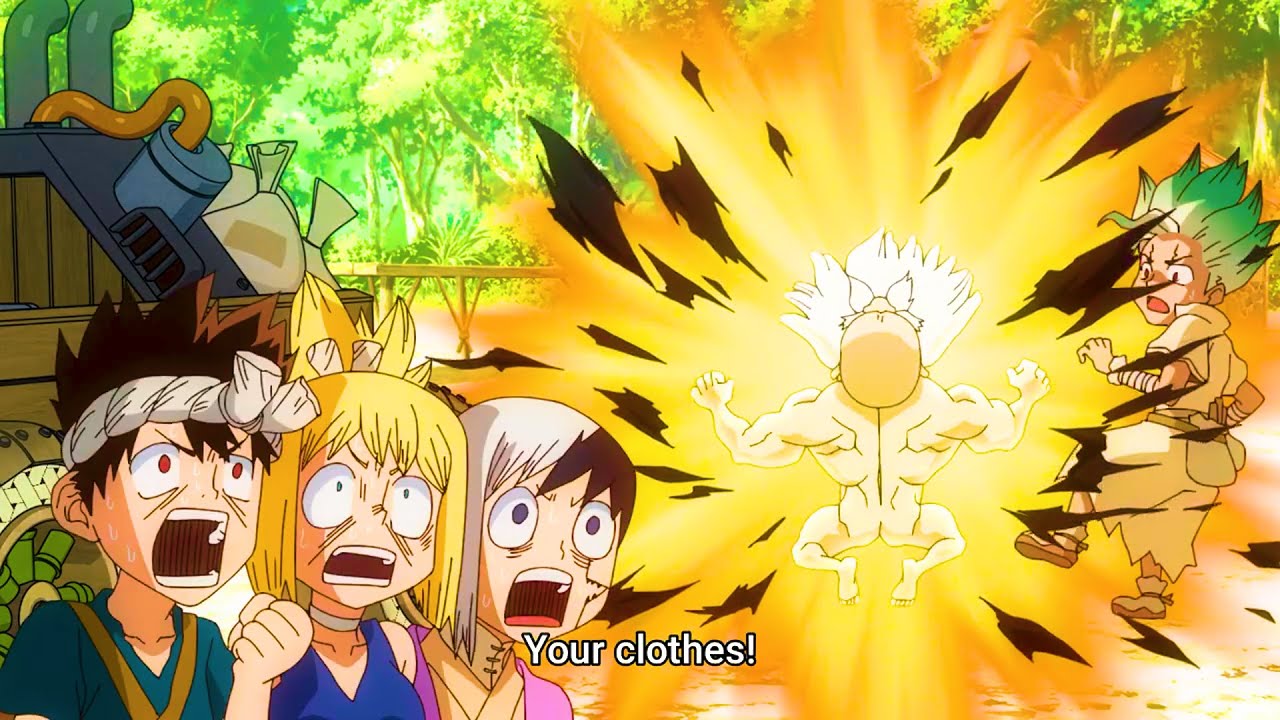 ドクターストーンの面白い瞬間 – 千空は南の服を剥ぐ機械を発明し、ゲンが目を飛び出すようになった