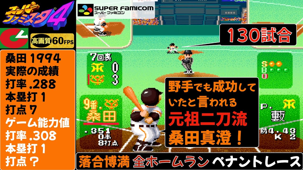 元祖二刀流”桑田真澄”全ホームラン集(ペナント130試合)【スーパーファミスタ4】