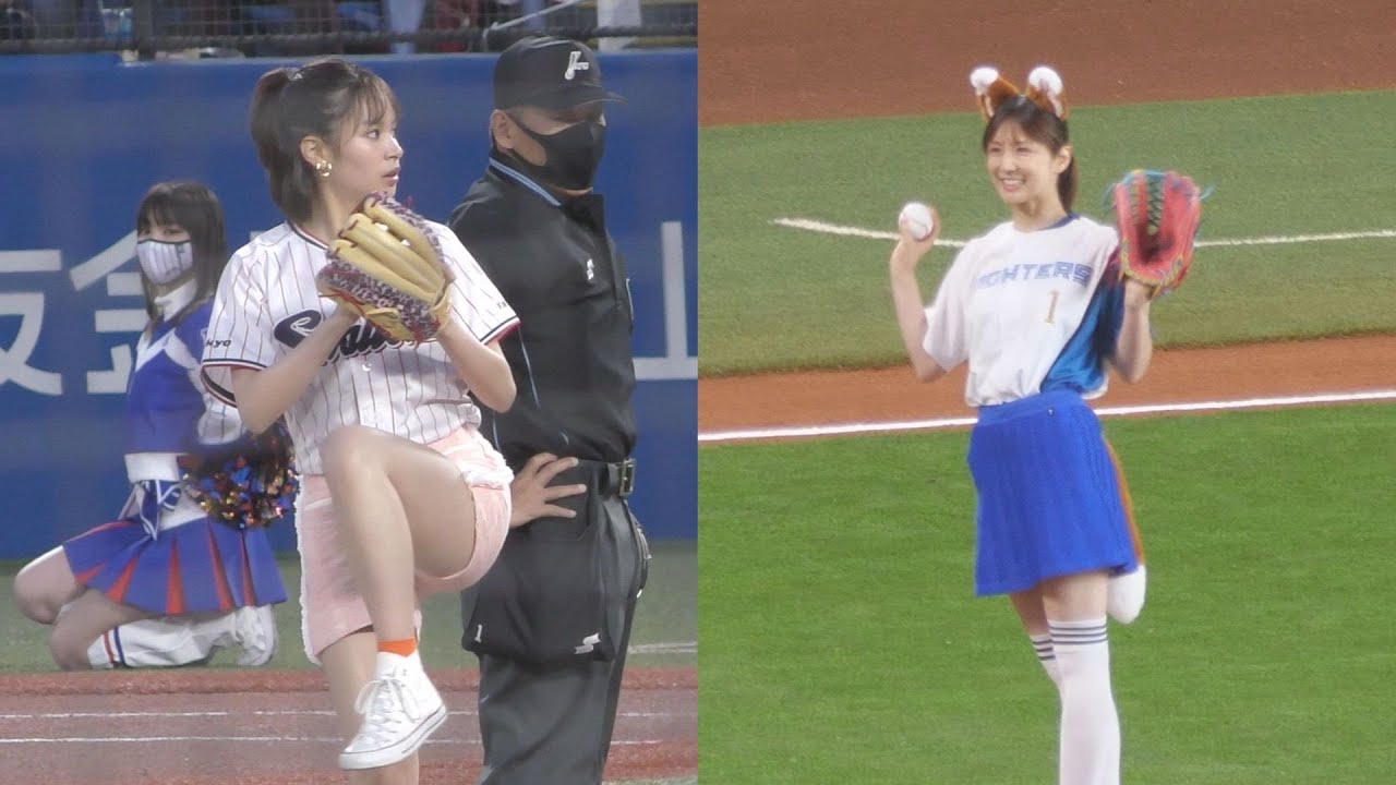 始球式・セレモニアルピッチング 関水渚さん、小倉優子さん、高岸宏行投手、日向坂46 小坂菜緒さん、小沢仁志さん、高嶋政宏さん(打者)