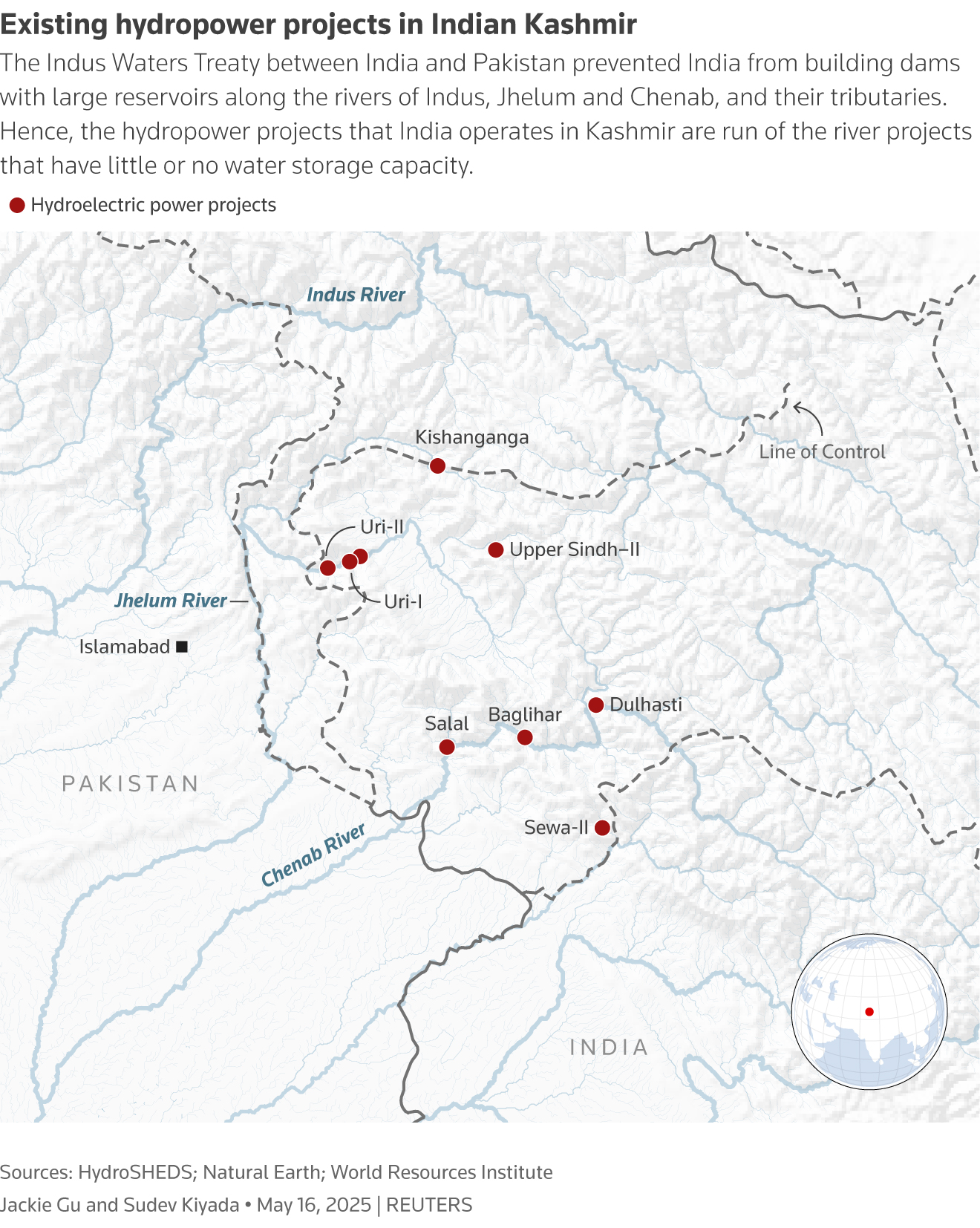 Graphic: Map showing locations of the hydropower projects that India operates in Kashmir.