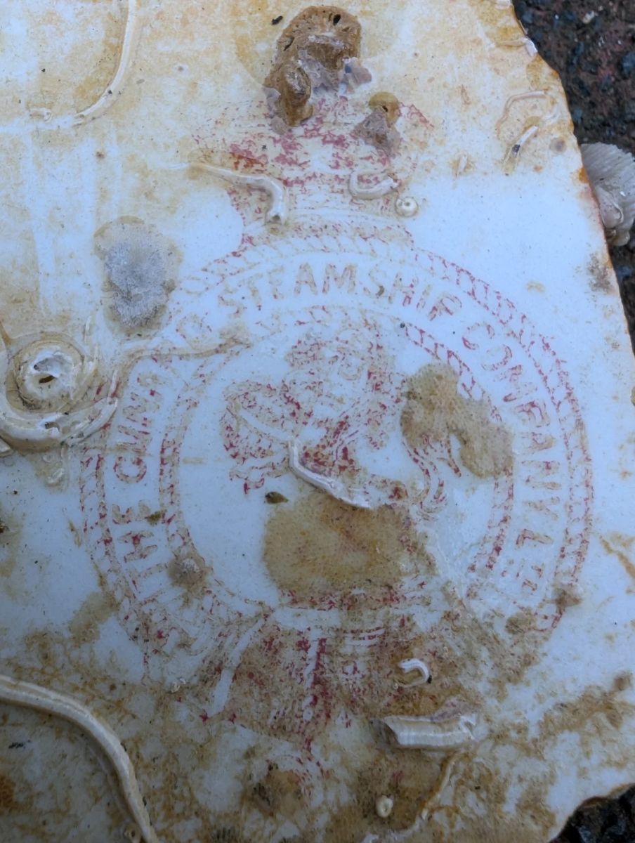 船内で見つかった食器の破片には海運会社の印が押されていた/Deep Wreck Diver/YouTube