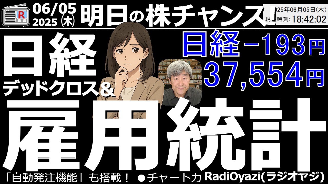 【投資情報(株チャンス)】日経平均は「デッドクロス」に向かう下向の流れ。そこに「米雇用統計」が来る。急騰、急落に要注意●押し目チャンス銘柄:9433KDDI、9020東日本旅客、6532ベイカレン、他