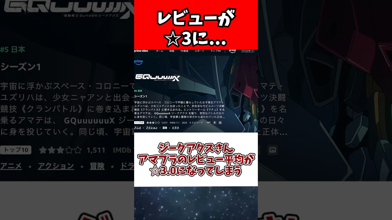 ジークアクスさん、アマプラのレビュー平均が☆3.0になってしまう