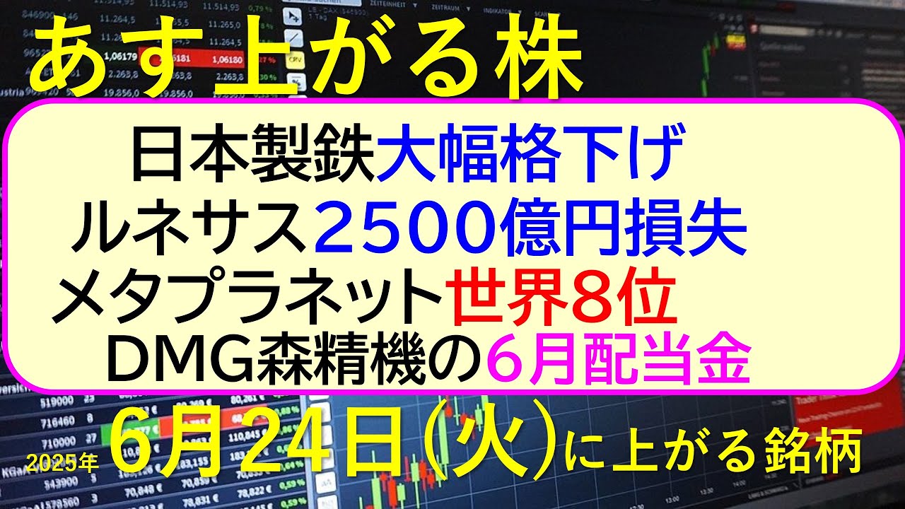 あす上がる株 2025年6月24日(火)に上がる銘柄。日本製鉄大幅格下げ。ルネサス2500億円損失。メタプラネット世界8位。DMG森精機の6月配当金。~最新の日本株情報。高配当株の株価やデイトレ情報~