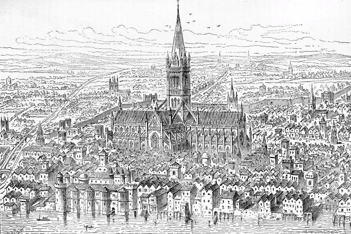 1540年当時の旧セントポール大聖堂周辺を描いたイラスト。フォード殺害から約2世紀が経過している/World History Archive/Alamy Stock Photo