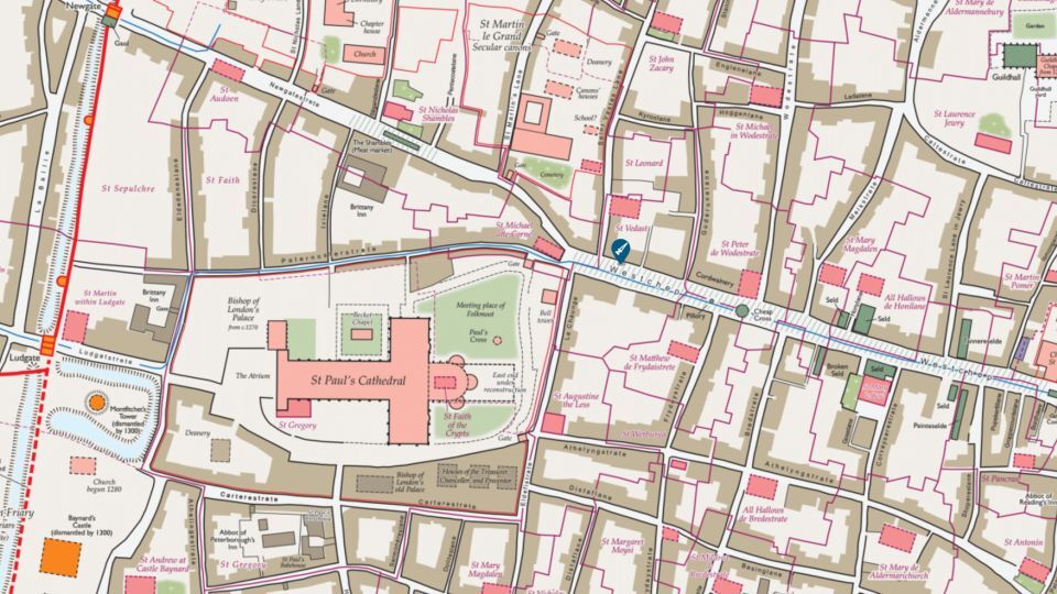 アイズナー氏の率いる「中世殺人マップ」プロジェクトが作成した14世紀のロンドンの地図。フォードの殺害現場も地図中に含まれている/Medieval Murder Maps/University of Cambridge Institute of Criminology/Historic Towns Trust