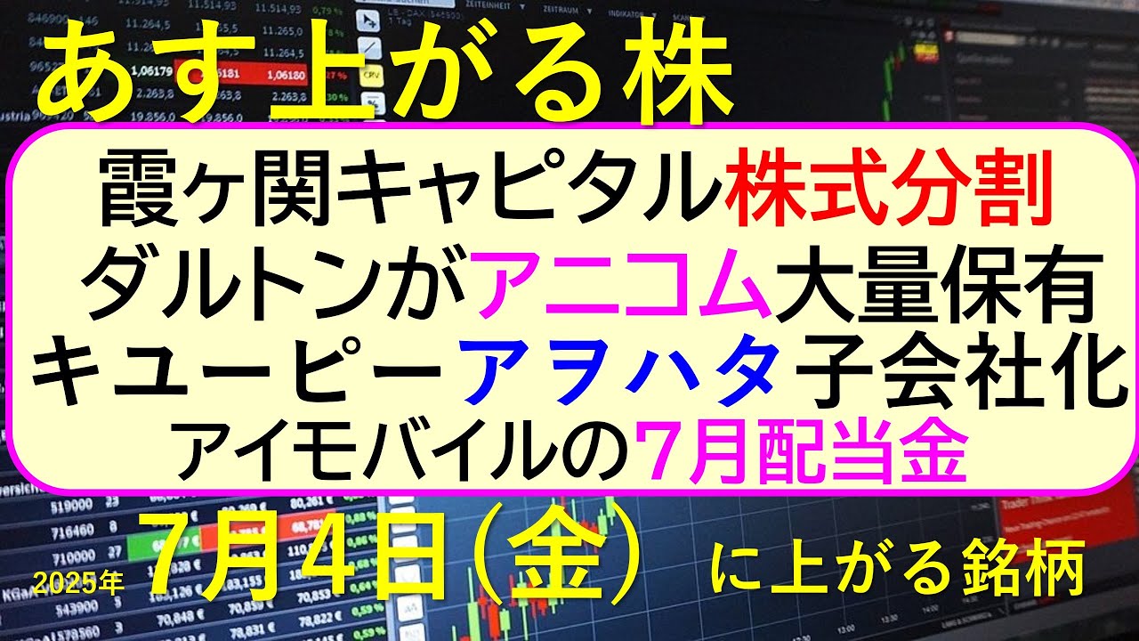 あす上がる株 2025年7月4日(金)に上がる銘柄。霞ヶ関キャピタル株式分割。ダルトンがアニコム大量保有。キユーピーアヲハタ子会社化。アイモバイル配当~最新の日本株情報。高配当株の株価やデイトレ情報~