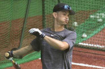 室内で打撃練習する乙坂智（カメラ・堺　恒志）