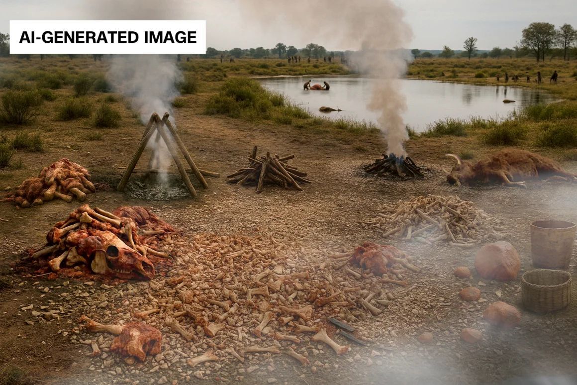 12万5000年前にネアンデルタール人が作業していた「脂肪工場」を想定して作成したAI生成画像/Scherjon/LEIZA-Monrepos