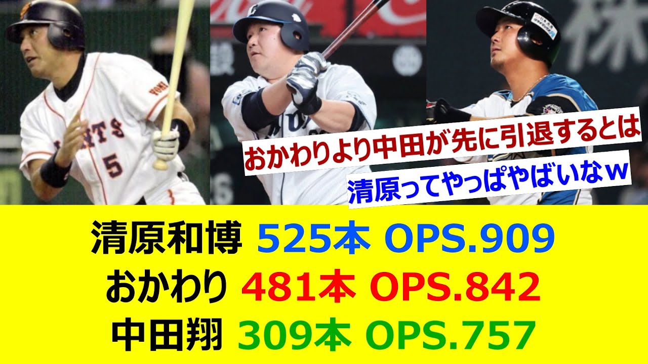 清原和博 525本 OPS.909 おかわり 481本 OPS.842 中田翔 309本 OPS.757←これ【ネット反応集】