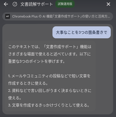 Chromebook Plus の「文書読解サポート」の「質問する」を使って要約した内容の大事なことを3 つの箇条書きでまとめるよう指示、出力されたところのスクリーンショット