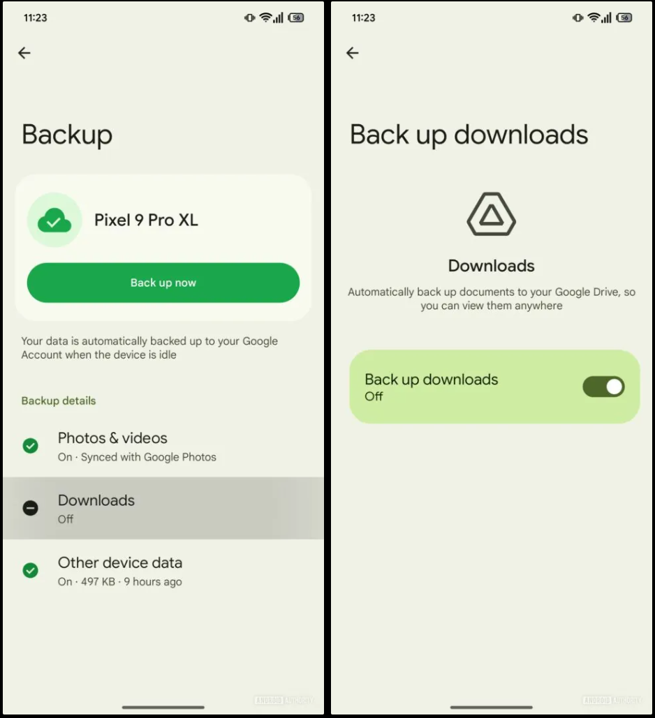 発見された「ダウンロード」を含むバックアップ設定の画面スクリーンショット