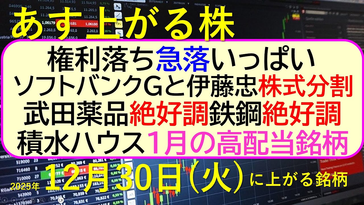 あす上がる株 2025年12月30日(火)に上がる銘柄。権利落ちの急落がいっぱい。ソフトバンクGと伊藤忠、株式分割。武田薬品、絶好調。鉄鋼、絶好調。~最新の日本株情報。高配当株の株価やデイトレ情報~