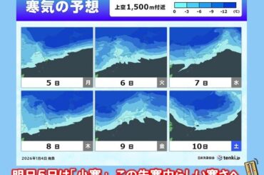 明日5日は「小寒」　連休明けは北日本で厳しい寒さ　6日から関東以西も寒中の寒さへ