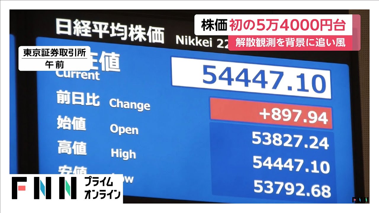 日経平均株価が初の5万4000円台に 「高市トレード」加速 円相場は一時159円40銭台と約1年半ぶりの円安水準に