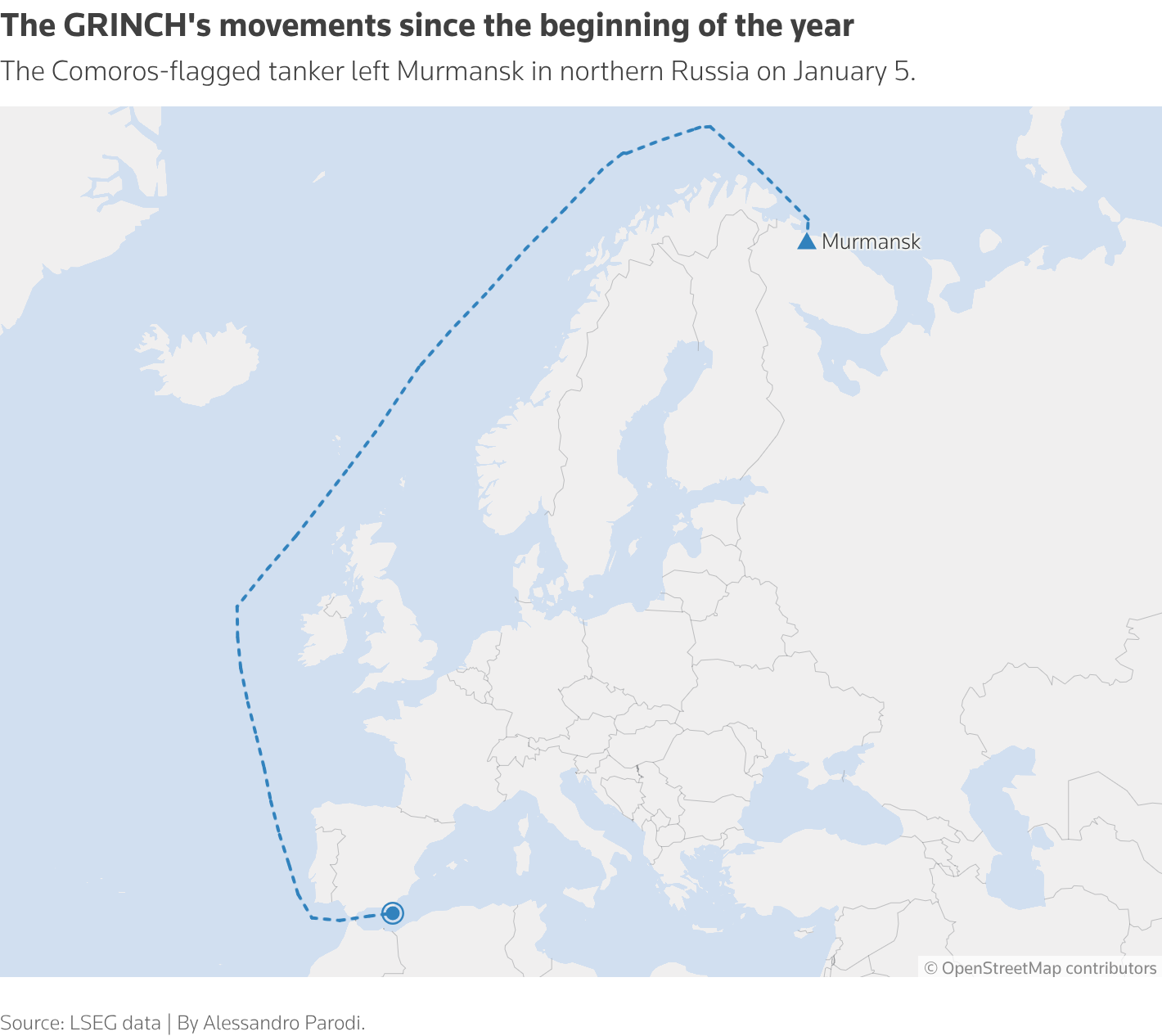 The map shows the movements of the Comoros-flagged GRINCH tanker since the beginning of 2026.