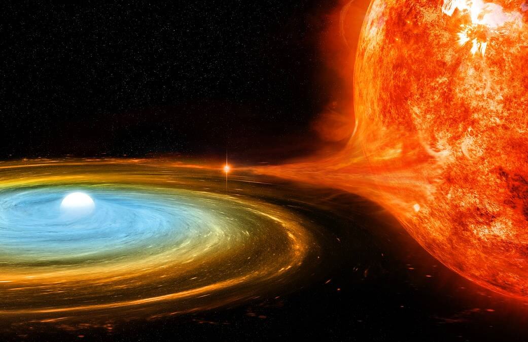 恒星から流れ出たガスが降着円盤を形成しながら白色矮星へ落下していく様子を描いた想像図。1RXS J052832.5+283824（RXJ0528+2838）が分類されている強磁場激変星は、このような降着円盤をともなわないタイプの連星系だと考えられている（Credit: NASA/CXC/M.Weiss）
