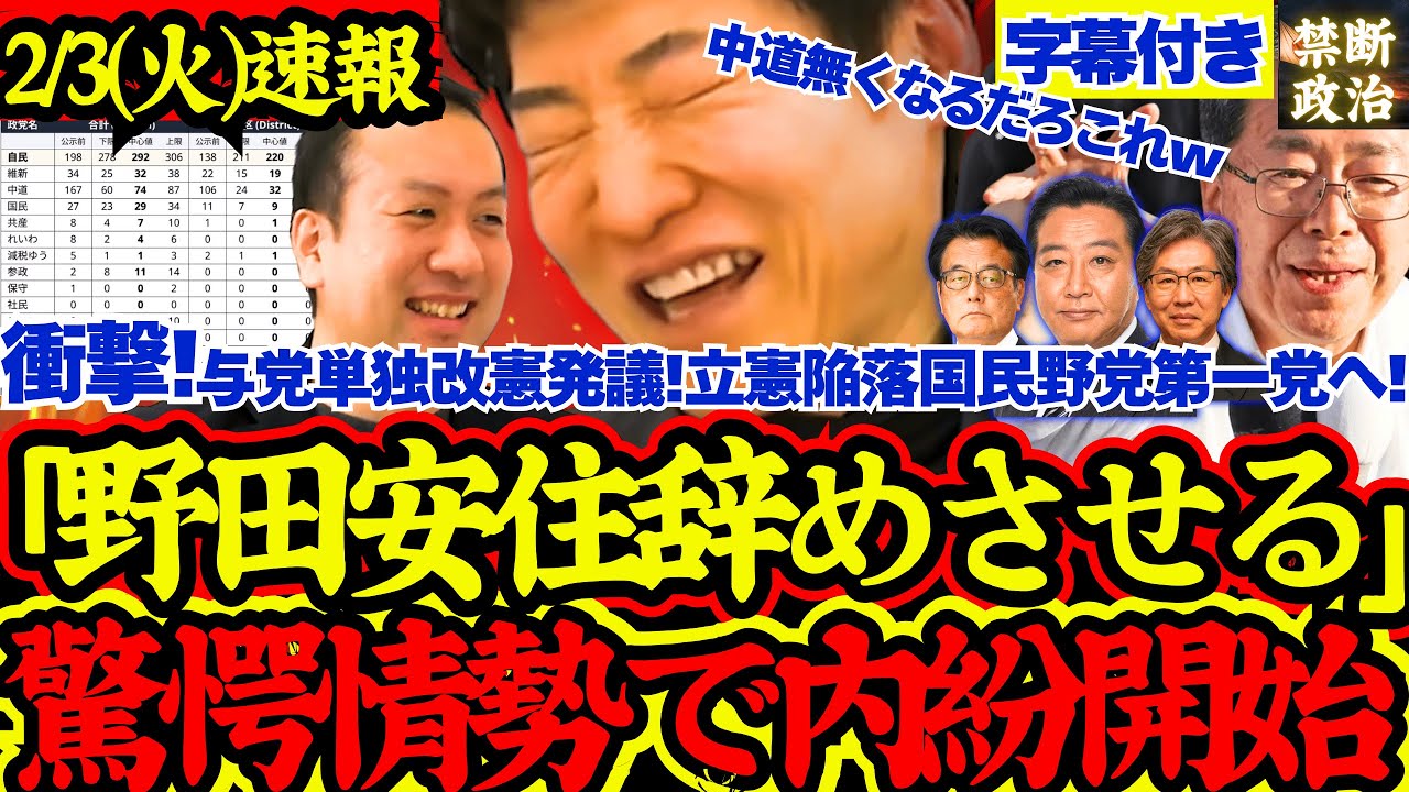 【緊急速報】衝撃朝日情勢結果に立憲内部から早くも責任問題浮上!「野田安住は辞めるべき」【解散総選挙/高市早苗/立憲民主党/国民民主党/公明党/参政党/日本維新の会/中道改革連合】 【緊急速報】衝撃朝日情勢結果に立憲内部から早くも責任問題浮上!「野田安住は辞めるべき」【解散総選挙/高市早苗/立憲民主党/国民民主党/公明党/参政党/日本維新の会/中道改革連合】