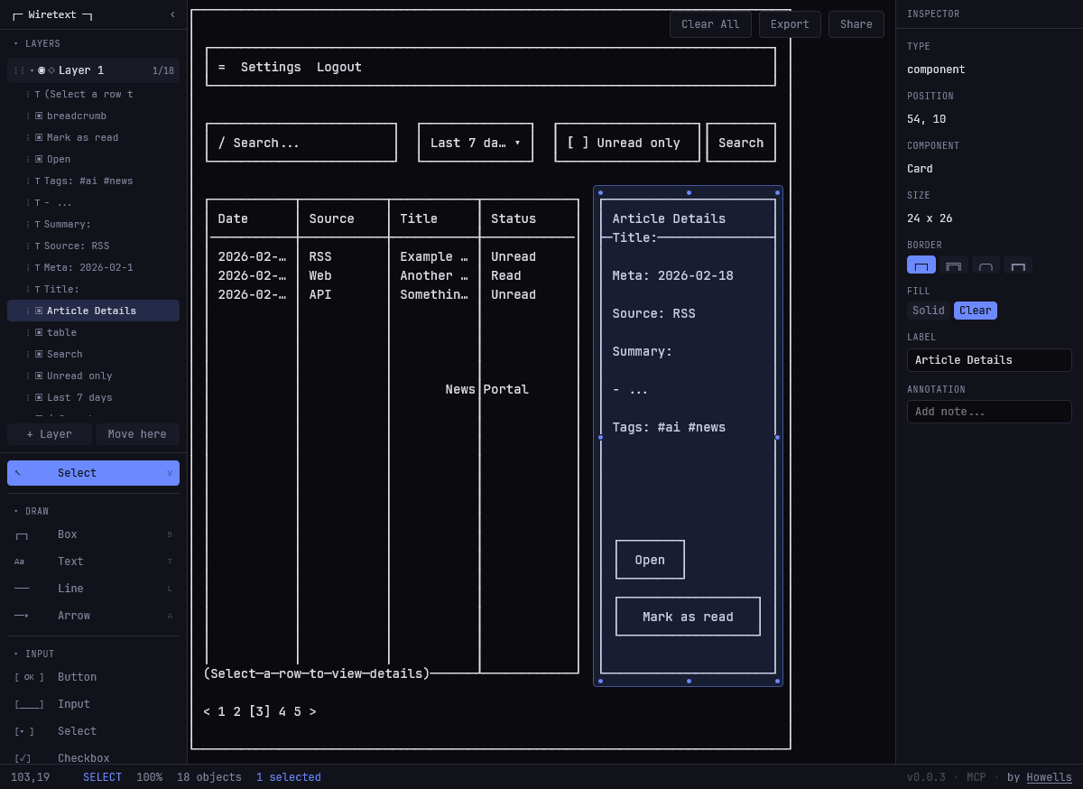 Wiretext上で描いたワイヤーフレーム