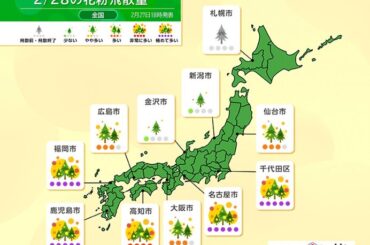 今日28日の花粉　広く大量飛散　九州や東海、関東で「極めて多い」　万全な対策を