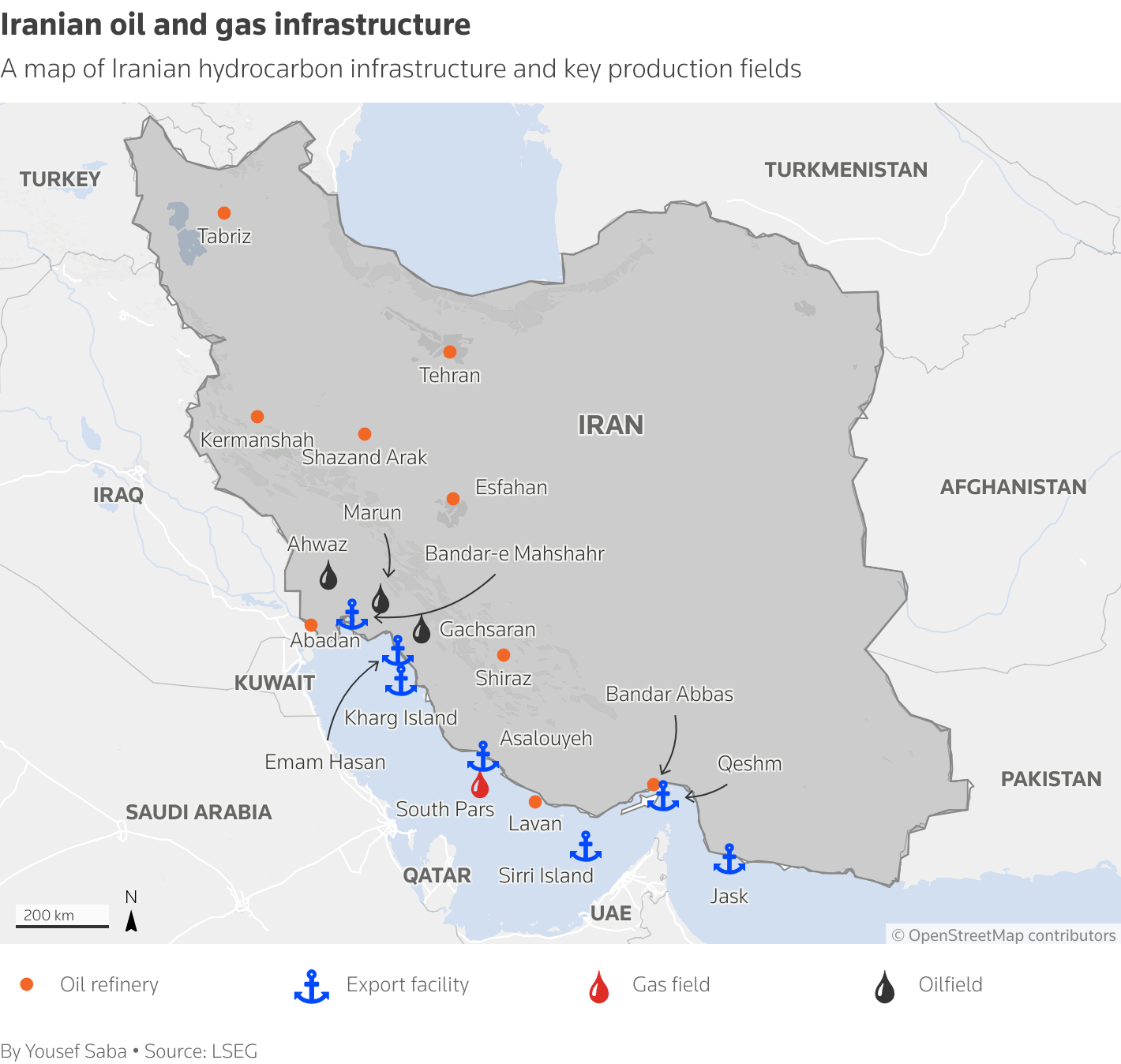 A map of Iranian hydrocarbon infrastructure and key production fields