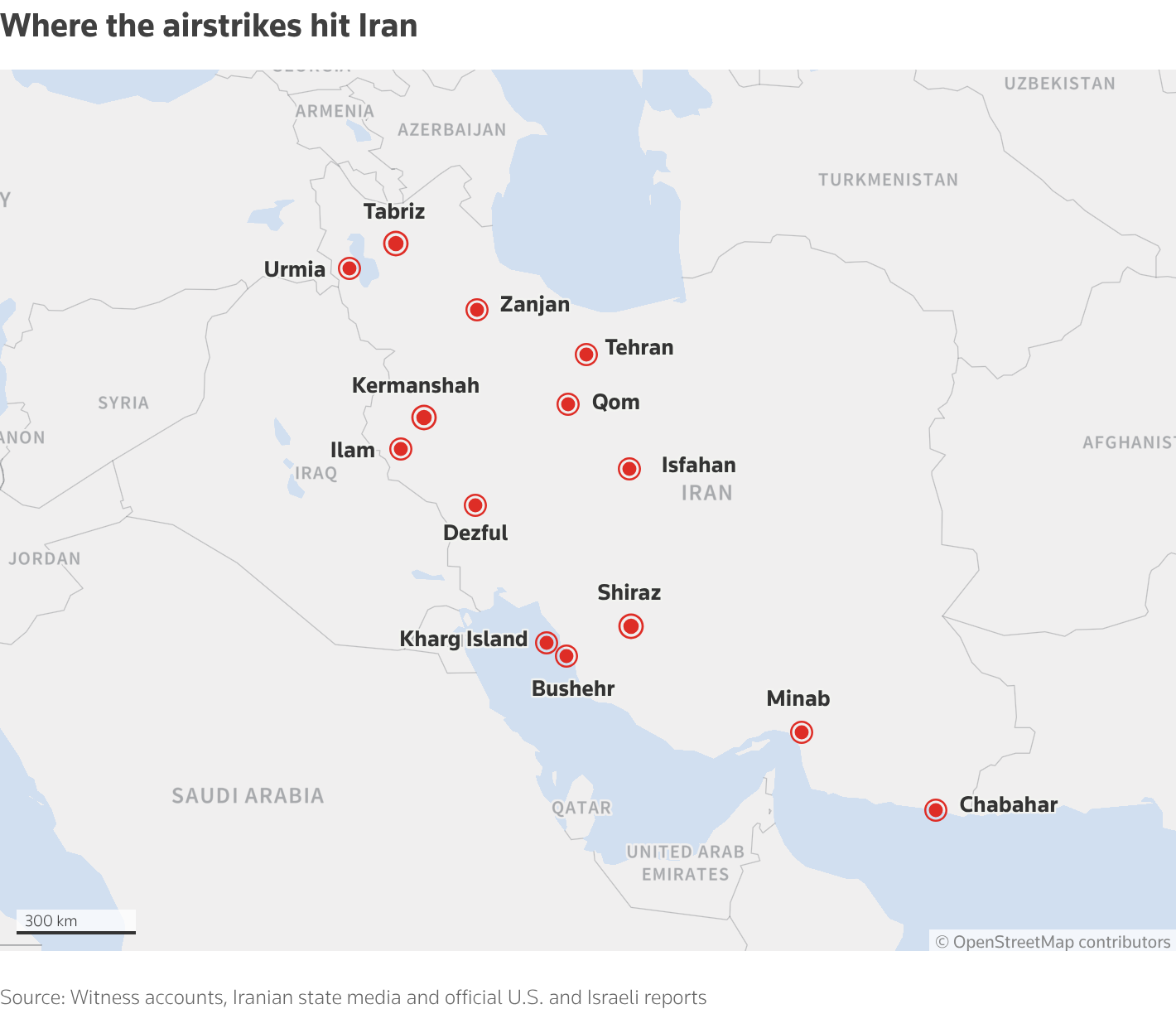 Map showing where the airstrikes hit in Iran. Several major cities were hit.