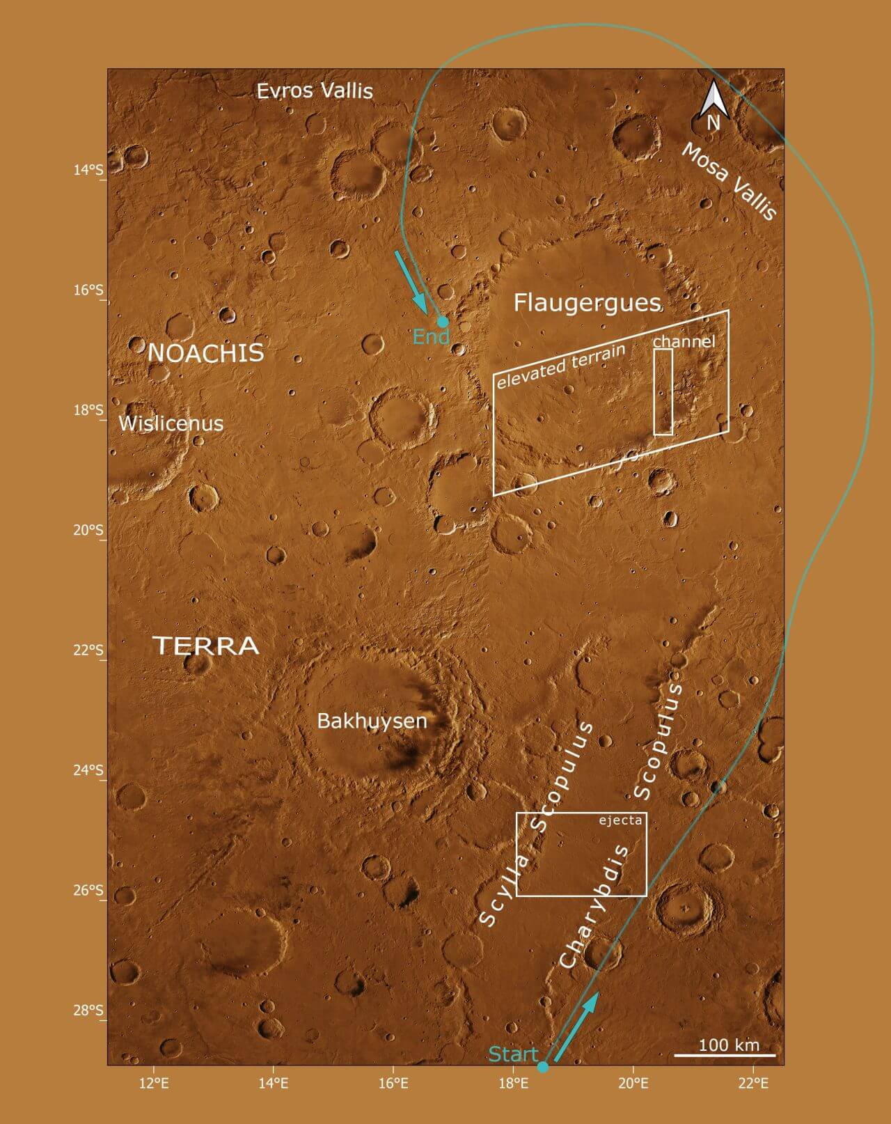 動画「Fly around Flaugergues Crater on Mars」における仮想の飛行経路を示した図。右上のFlaugergues（フロジェルグ）クレーターの南側から東側へ接近した後、北側を回り込んで西側の縁へと至る（Credit: ESA/DLR/FU Berlin & NASA/JPL-Caltech/MSSS）