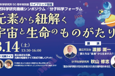 分子科学研究所 創立50周年記念シンポジウム「元素」をテーマに3月14日開催！ | 大学共同利用機関法人　自然科学研究機構　分子科学研究所のプレスリリース