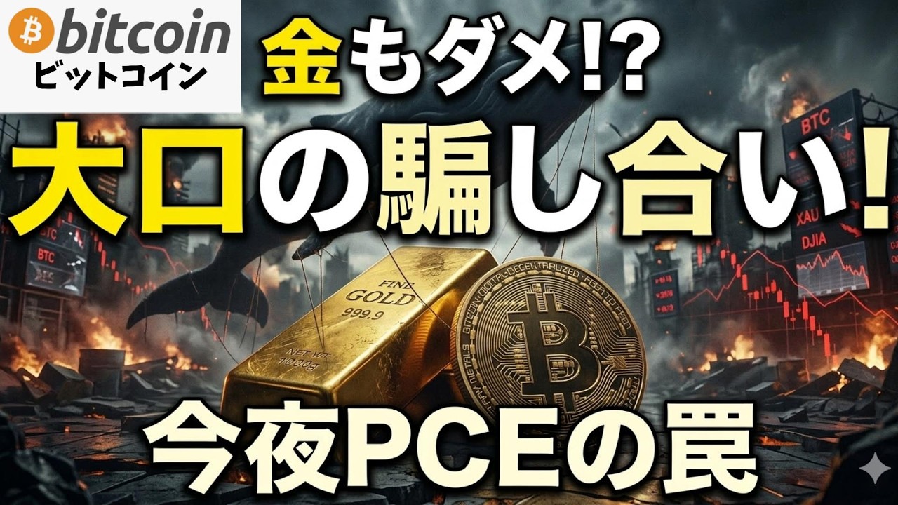 【仮想通貨 ビットコイン】なぜ有事なのに「金」も上値が重い?クジラが仕掛ける世紀の騙し合いと今夜のPCEの罠(朝活2095)