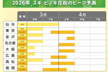 最新の花粉飛散予測　スギ花粉は間もなく大量飛散終息へ　ヒノキ花粉は4月上旬ピーク