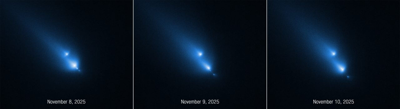 HST（ハッブル宇宙望遠鏡）が観測した彗星「C/2025 K1」。左から順に、2025年11月8日・9日・10日に取得したデータを使って作成（Credit: Image: NASA, ESA, Dennis Bodewits (AU); Image Processing: Joseph DePasquale (STScI)）