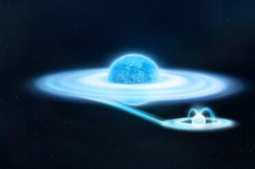 今回の研究成果をもとに描かれたカシオペヤ座ガンマ星の想像図。Be星（中央）の伴星はこれまで謎だったが、白色矮星（右下）であることが明らかになった（Credit: ESA, Y. Nazé）