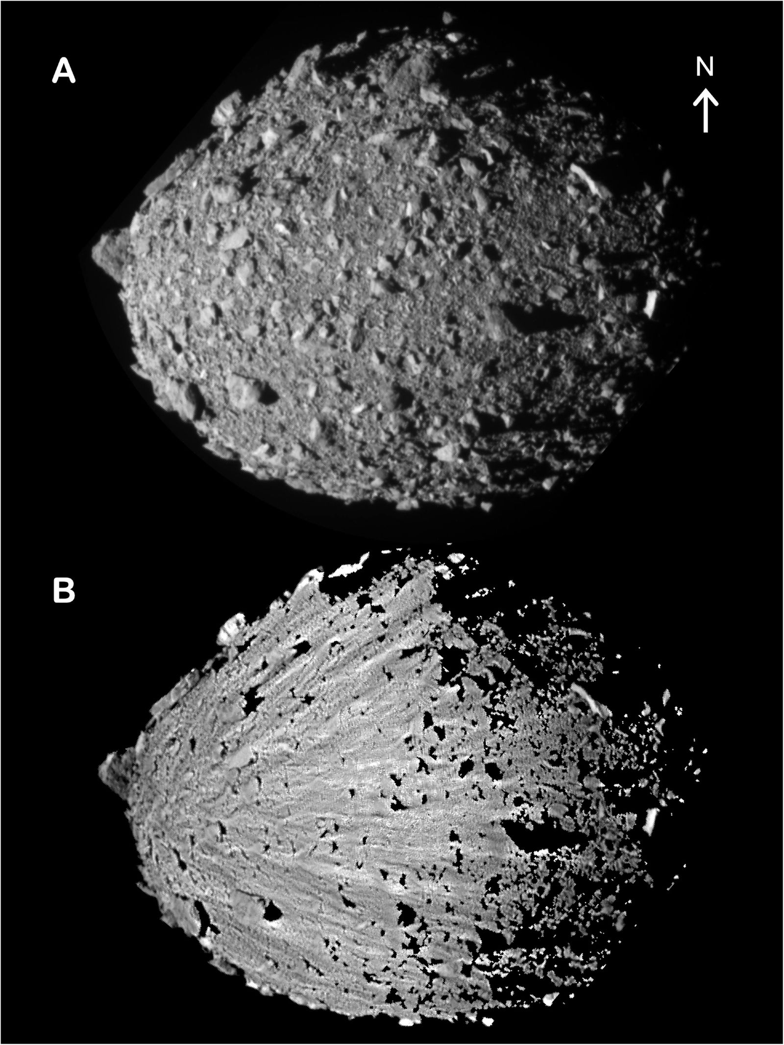 DART探査機が撮影したディモルフォスの元画像(上)と、光の反射率などの影響を補正した画像(下。アルベド画像と呼ばれる)。太陽などの光の反射率(アルベド)が高いと白っぽく見え、低いと光をよく吸収するので黒っぽく見える。